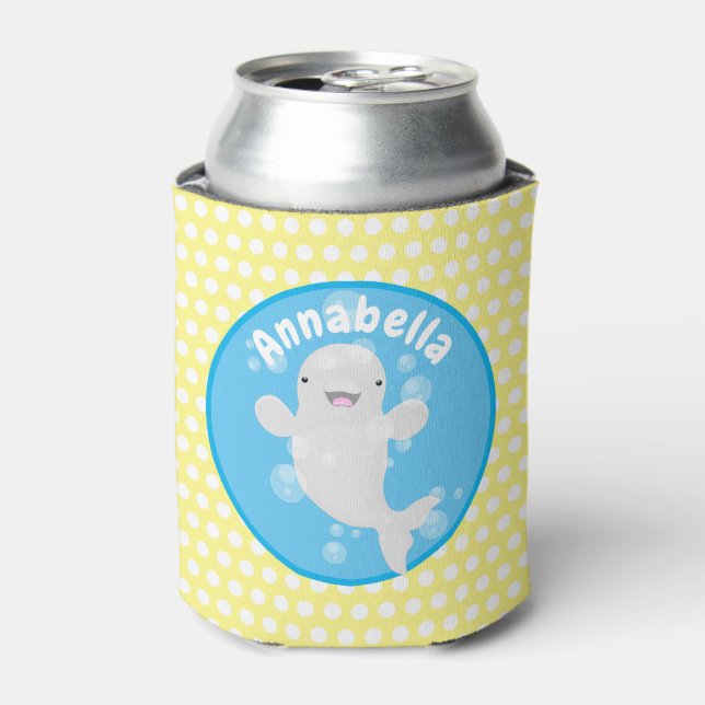 Cute beluga whale bubbles cartoon illustration can cooler (Can Front)