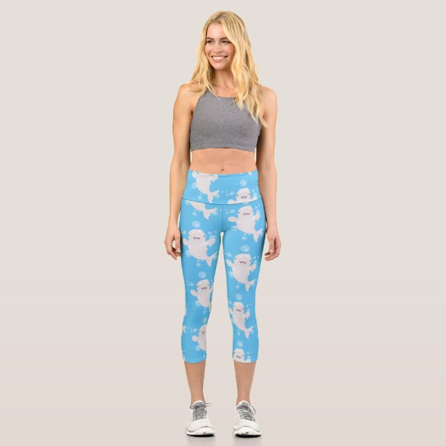 Cute beluga whale bubbles cartoon illustration capri leggings (Front)