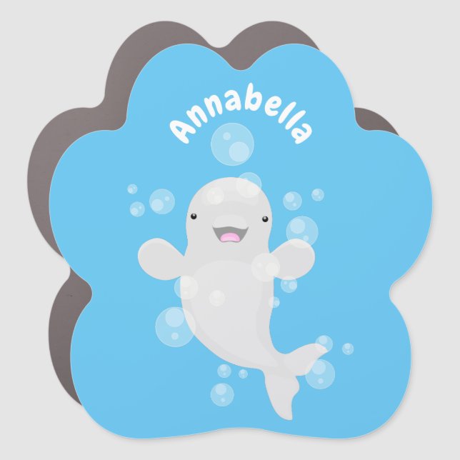 Cute beluga whale bubbles cartoon illustration car magnet (Front)