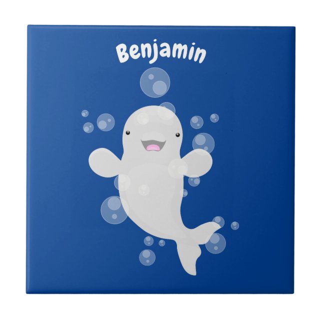 Cute beluga whale bubbles cartoon illustration ceramic tile (Front)