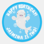 Cute beluga whale bubbles cartoon illustration classic round sticker