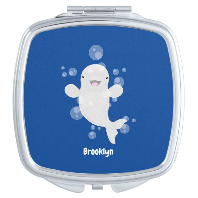 Cute beluga whale bubbles cartoon illustration compact mirror (Front)