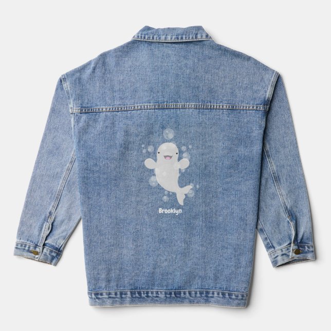 Cute beluga whale bubbles cartoon illustration denim jacket (Back)