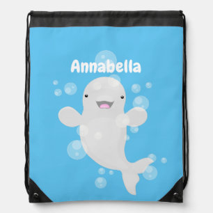 Cute beluga whale bubbles cartoon illustration drawstring bag