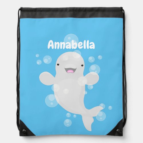 Cute beluga whale bubbles cartoon illustration drawstring bag