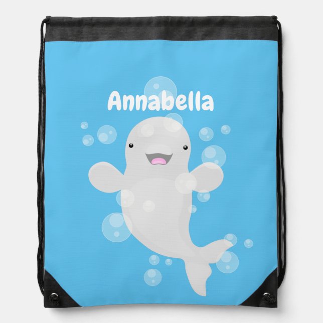 Cute beluga whale bubbles cartoon illustration drawstring bag (Front)