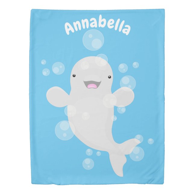 Cute beluga whale bubbles cartoon illustration duvet cover (Front)