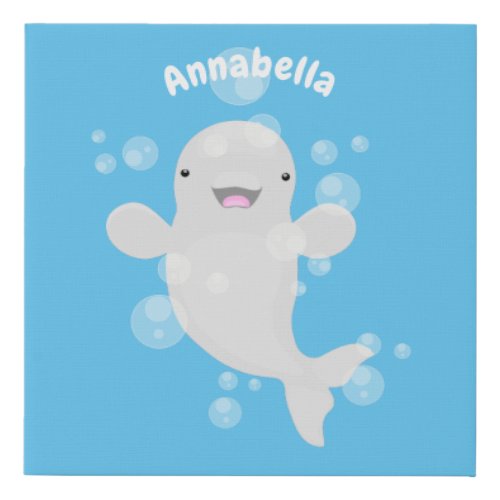 Cute beluga whale bubbles cartoon illustration faux canvas print