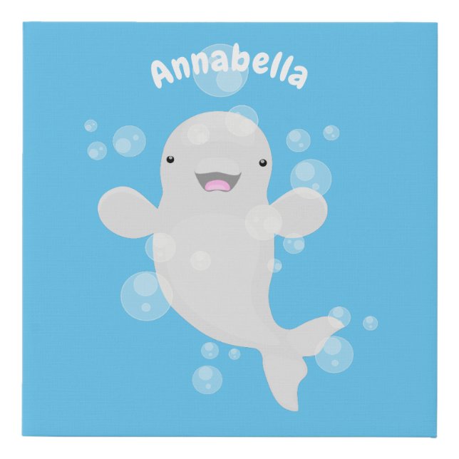 Cute beluga whale bubbles cartoon illustration faux canvas print (Front)