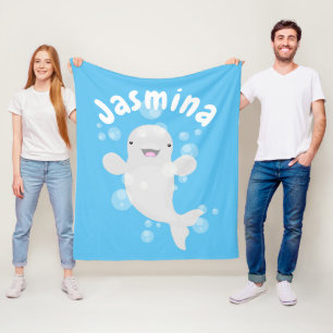Cute beluga whale bubbles cartoon illustration fleece blanket