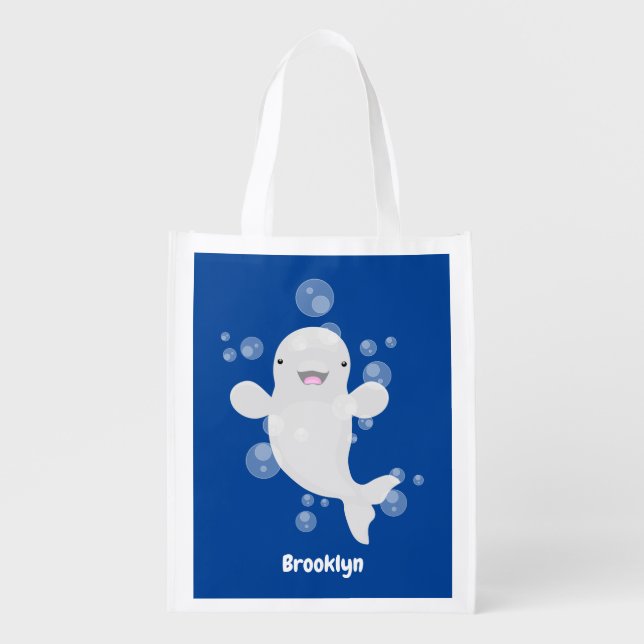Cute beluga whale bubbles cartoon illustration grocery bag (Front)