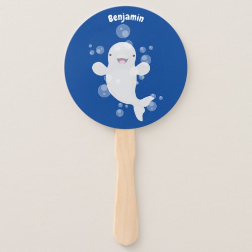 Cute beluga whale bubbles cartoon illustration hand fan