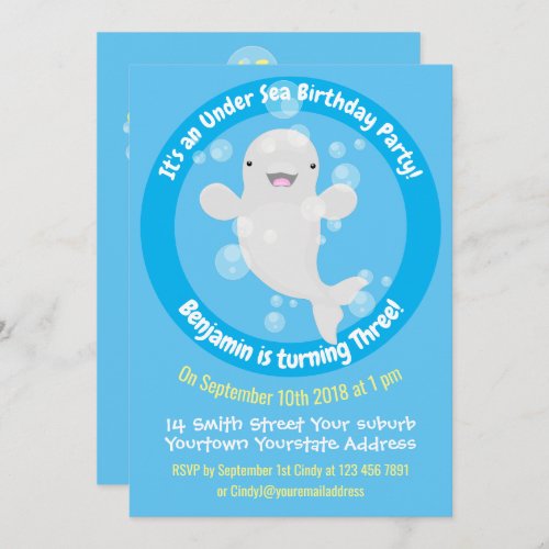 Cute beluga whale bubbles cartoon illustration invitation