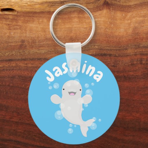 Cute beluga whale bubbles cartoon illustration keychain Zazzle