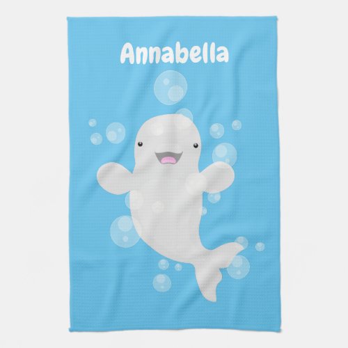 Cute beluga whale bubbles cartoon illustration kitchen towel