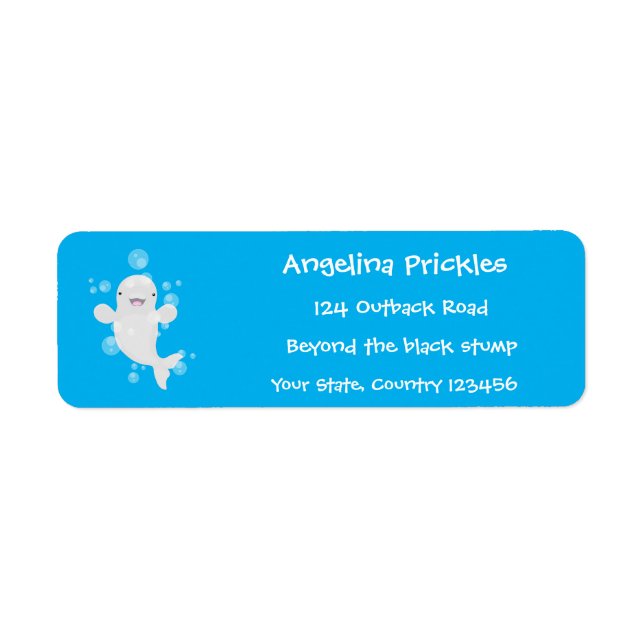 Cute beluga whale bubbles cartoon illustration label (Front)
