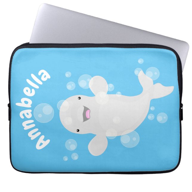 Cute beluga whale bubbles cartoon illustration laptop sleeve (Front)