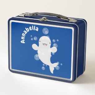 Cute beluga whale bubbles cartoon illustration metal lunch box