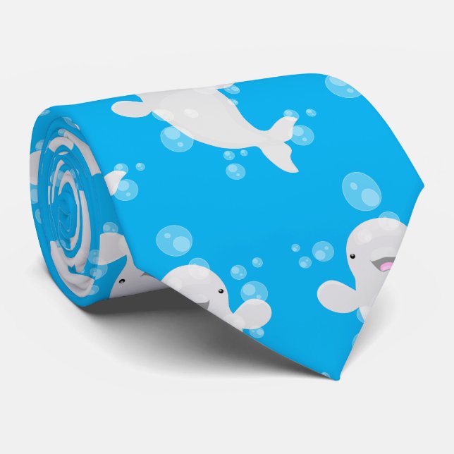 Cute beluga whale bubbles cartoon illustration neck tie (Rolled)
