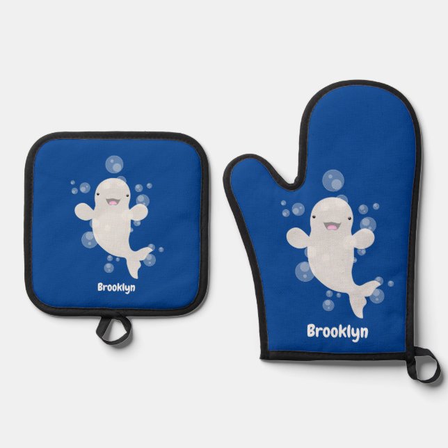 Cute beluga whale bubbles cartoon illustration oven mitt & pot holder set (Front)