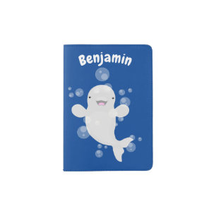 Cute beluga whale bubbles cartoon illustration passport holder