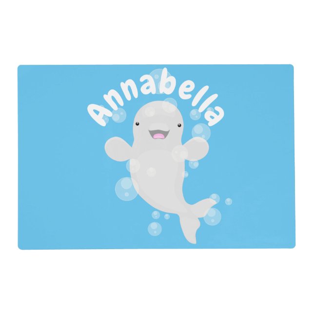Cute beluga whale bubbles cartoon illustration placemat (Front)