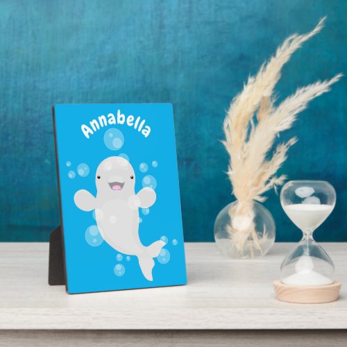 Cute beluga whale bubbles cartoon illustration plaque