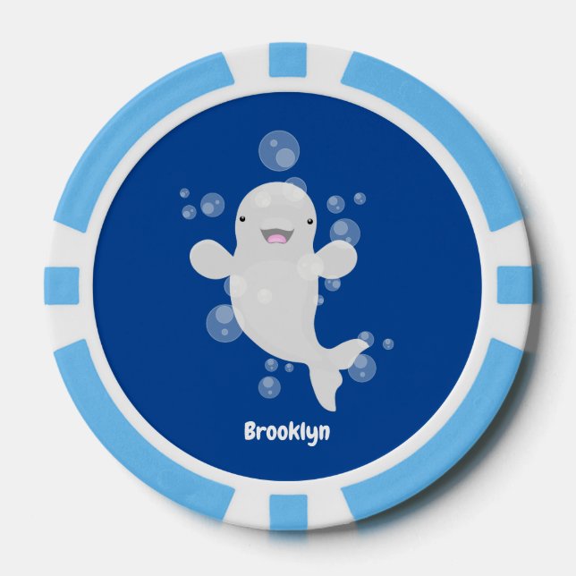 Cute beluga whale bubbles cartoon illustration poker chips (Front)