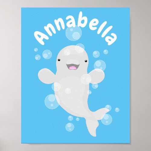 Cute beluga whale bubbles cartoon illustration poster