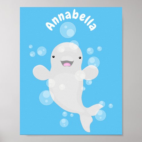 Cute beluga whale bubbles cartoon illustration poster