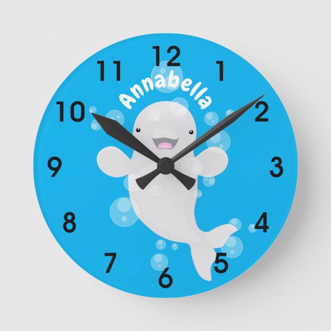 Cute beluga whale bubbles cartoon illustration round clock (Front)