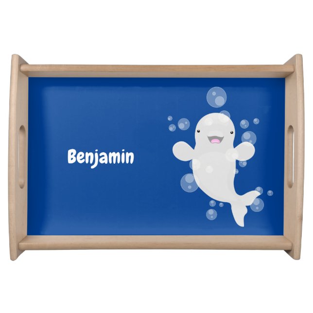 Cute beluga whale bubbles cartoon illustration serving tray (Front)