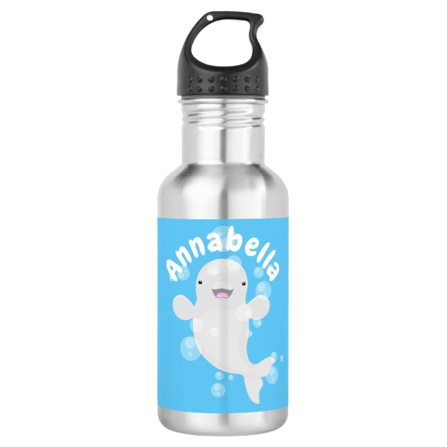 Cute beluga whale bubbles cartoon illustration stainless steel water bottle (Front)