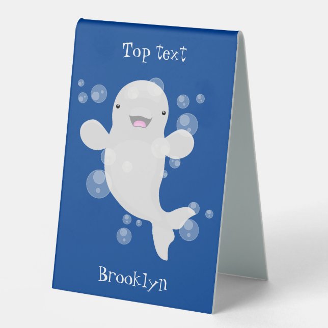 Cute beluga whale bubbles cartoon illustration table tent (Front)