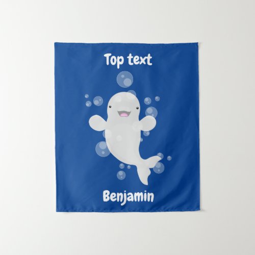 Cute beluga whale bubbles cartoon illustration  tapestry