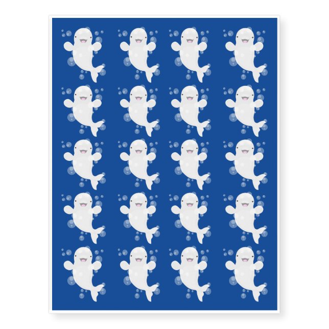 Cute beluga whale bubbles cartoon illustration temporary tattoos (Front)