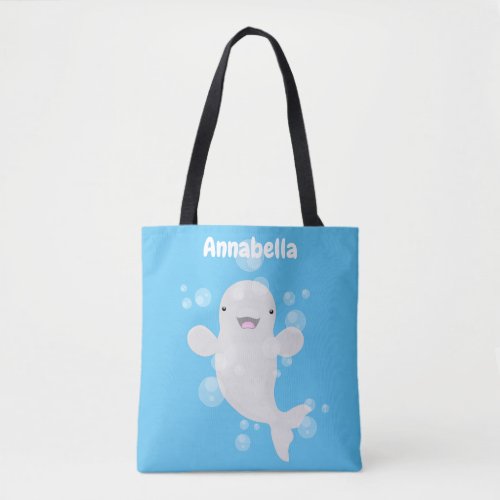 Cute beluga whale bubbles cartoon illustration tote bag