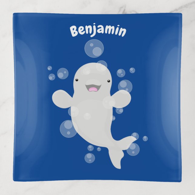 Cute beluga whale bubbles cartoon illustration trinket tray (Front)