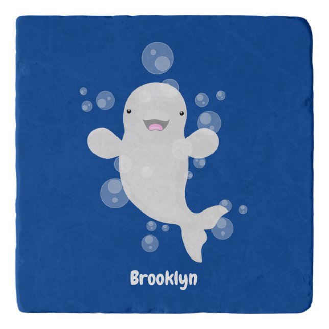 Cute beluga whale bubbles cartoon illustration trivet (Front)