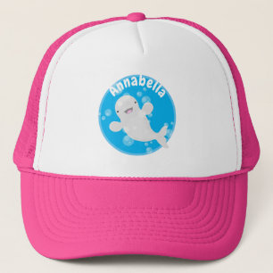 Cute beluga whale bubbles cartoon illustration trucker hat