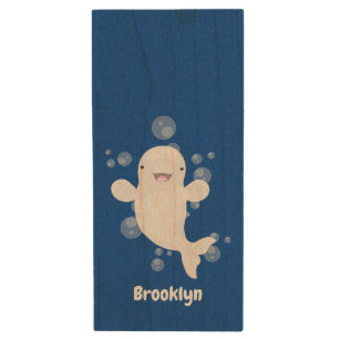 Cute beluga whale bubbles cartoon illustration wood flash drive
