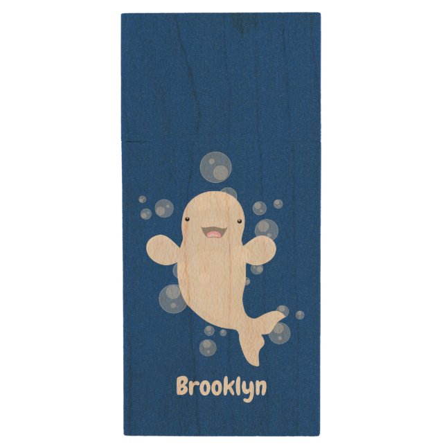 Cute beluga whale bubbles cartoon illustration wood flash drive (Front Vertical)