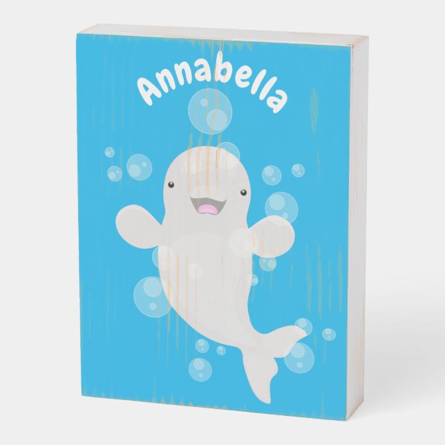 Cute beluga whale bubbles cartoon illustration wooden box sign (Angled Vertical)