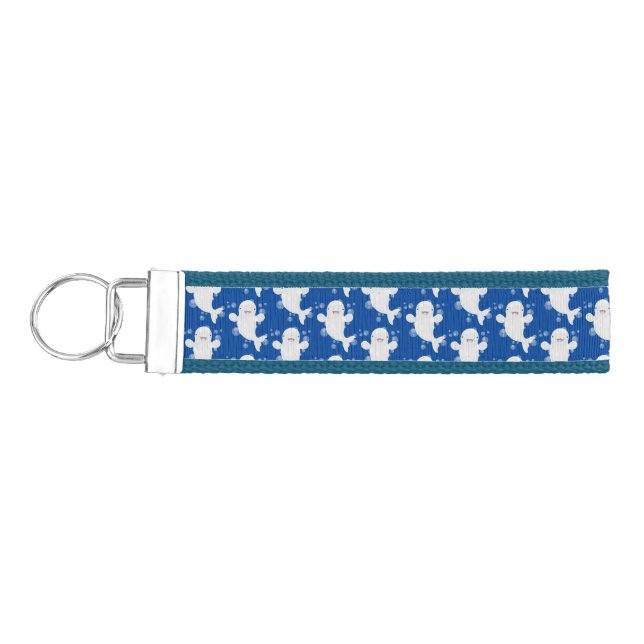 Cute beluga whale bubbles cartoon illustration wrist keychain (Keys on Left)