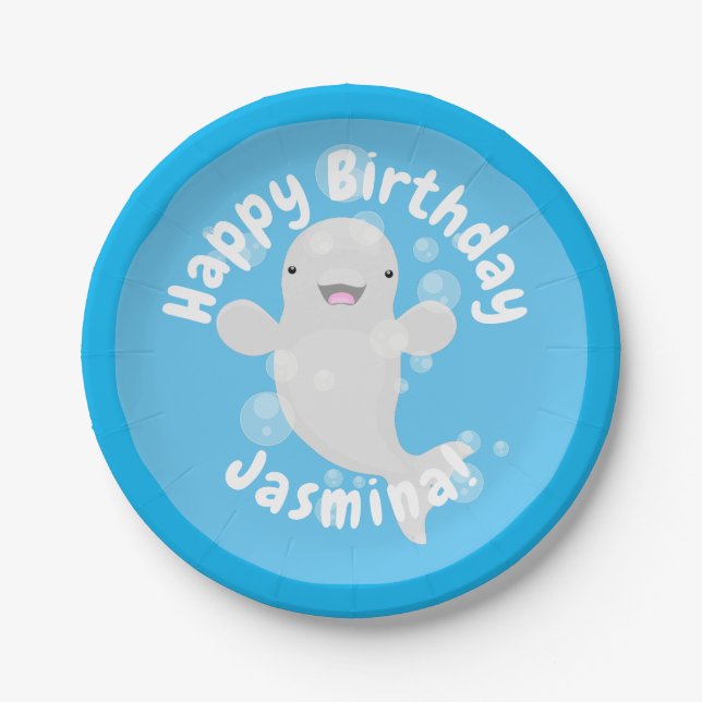 Cute beluga whale bubbles personalised birthday paper plates (Front)