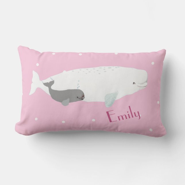 Cute Beluga Whale For Girls, Custom Name Pink  Lumbar Pillow (Front)