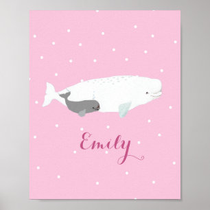 Cute Beluga Whale For Girls, Custom Name Pink Poster