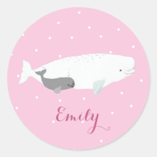 Cute Beluga Whale Girl Gift Custom Name Classic Round Sticker