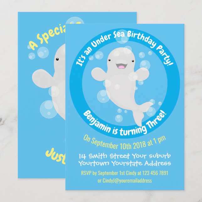 Cute beluga whale personalized cartoon birthday invitation (Front/Back)