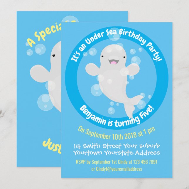 Cute beluga whale personalized cartoon birthday invitation (Front/Back)